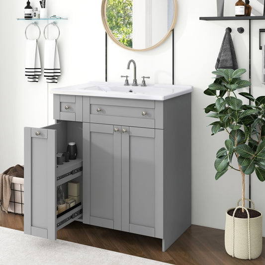 30-Inch Grey Bathroom Vanity with Ceramic Sink Combo, Abundant Storage Cabinet - 2 Soft-close Doors and Double-tier Deep Drawer