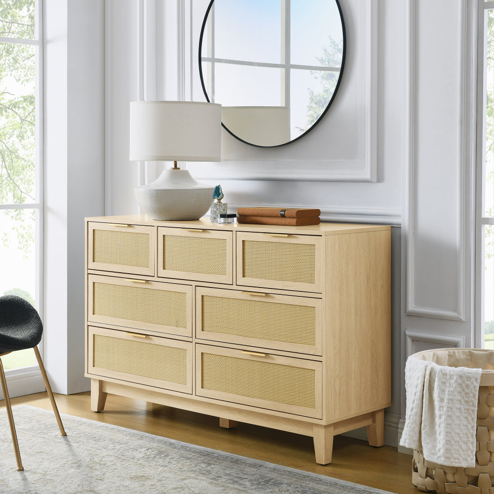 Bedroom 7 drawer dresser, rattan dresser modern wooden chest of drawers with spacious storage space for bedroom hallway living room