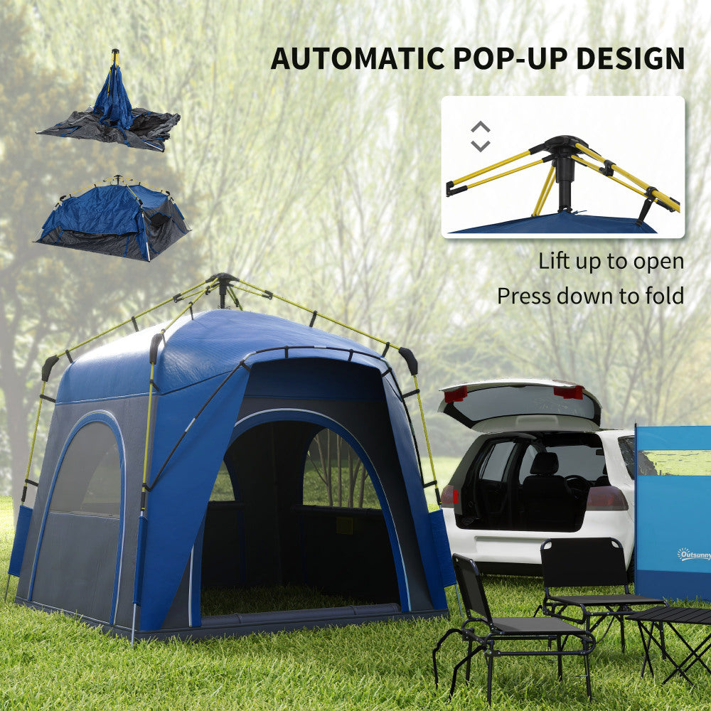 Outsunny Camping Tents 4 Person Pop Up Tent Quick Setup Automatic Hydraulic Family Travel Tent w/ Windows, Doors Carry Bag Included, Blue