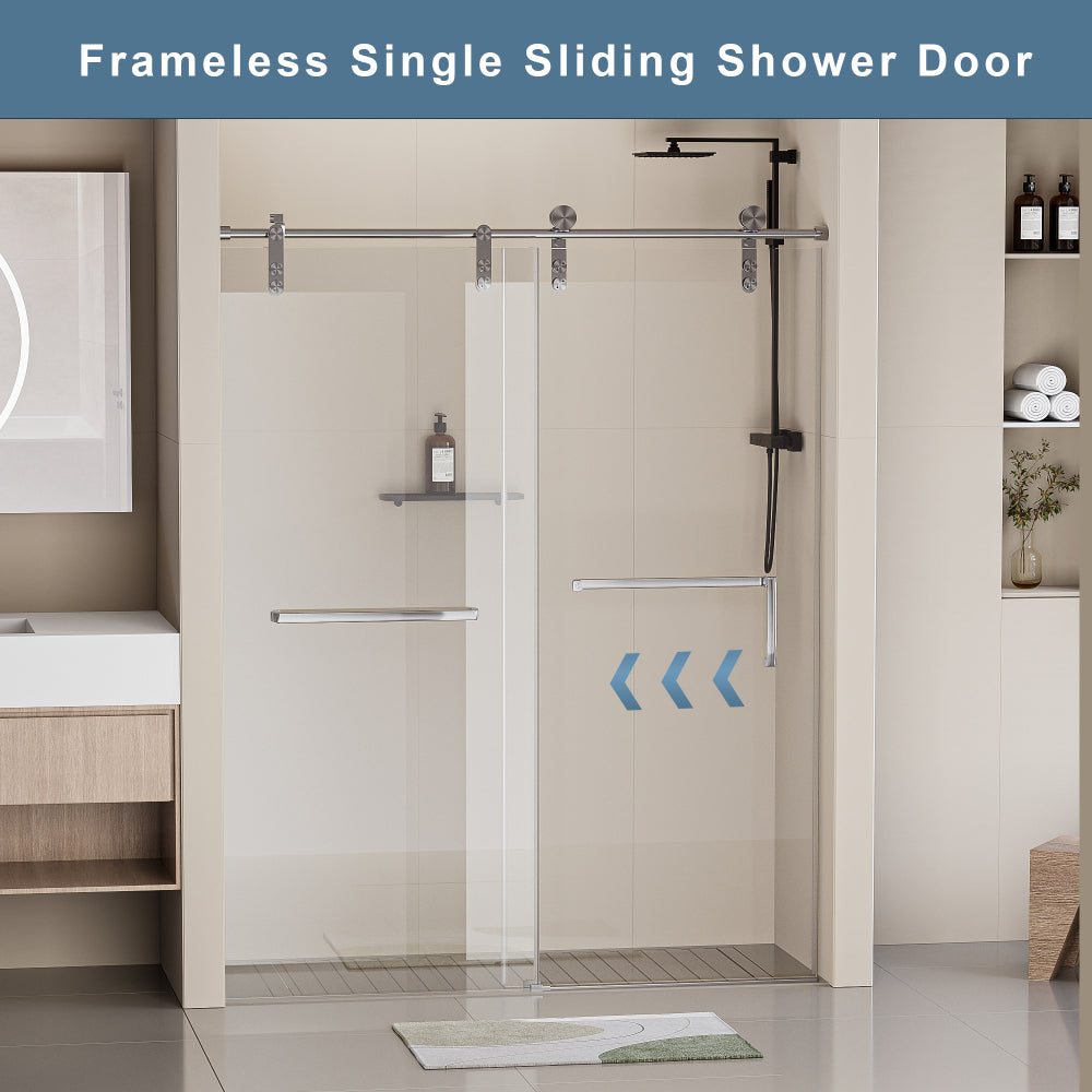 56-60 in. W x 76 in. H Frameless Shower Door, Single Sliding 5/16" (8mm) Clear Tempered Glass Shower Door with Explosion-Proof Film, Stainless Steel Hardware, Brushed Nickel 24D210-60BN-COMBO