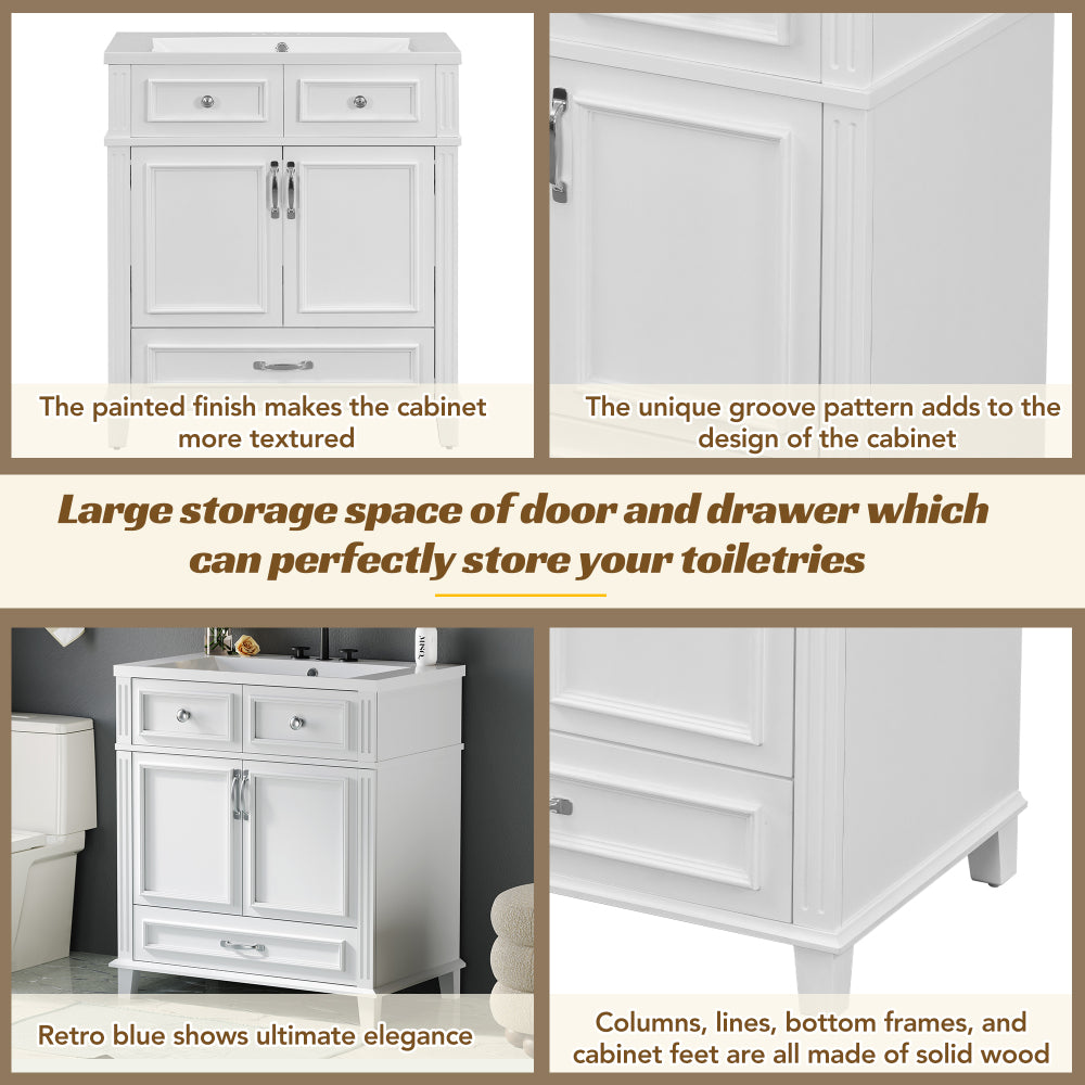 30'' Bathroom Vanity with Resin Sink, Solid Wood Frame Bathroom Storage Cabinet with Soft Closing Doors, Retro Style, White (Same as SW000118AAK)