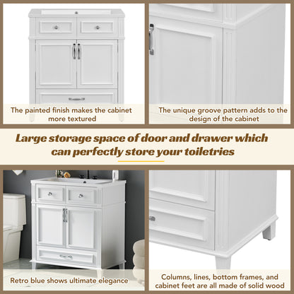 30'' Bathroom Vanity with Resin Sink, Solid Wood Frame Bathroom Storage Cabinet with Soft Closing Doors, Retro Style, White (Same as SW000118AAK)
