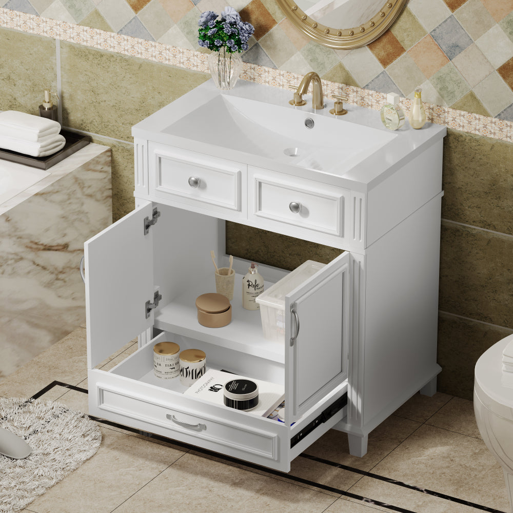 30'' Bathroom Vanity with Resin Sink, Solid Wood Frame Bathroom Storage Cabinet with Soft Closing Doors, Retro Style, White (Same as SW000118AAK)