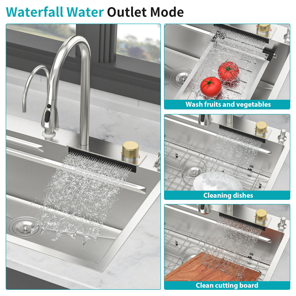33" Drop in Waterfall Kitchen Sink - 33*22 inch Single Bowl 16 Gauge Stainless Steel Ledge Workstation Kitchen Sinks with Pull-Out Faucet & Cup Washer