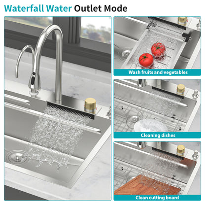 33" Drop in Waterfall Kitchen Sink - 33*22 inch Single Bowl 16 Gauge Stainless Steel Ledge Workstation Kitchen Sinks with Pull-Out Faucet & Cup Washer