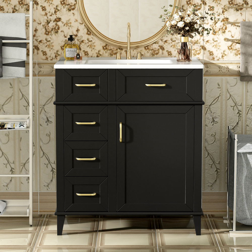 30-Inch Bathroom Vanity with Ceramic Sink, Adjustable Shelf, Soft Close Door, and Three Soft Close Drawers