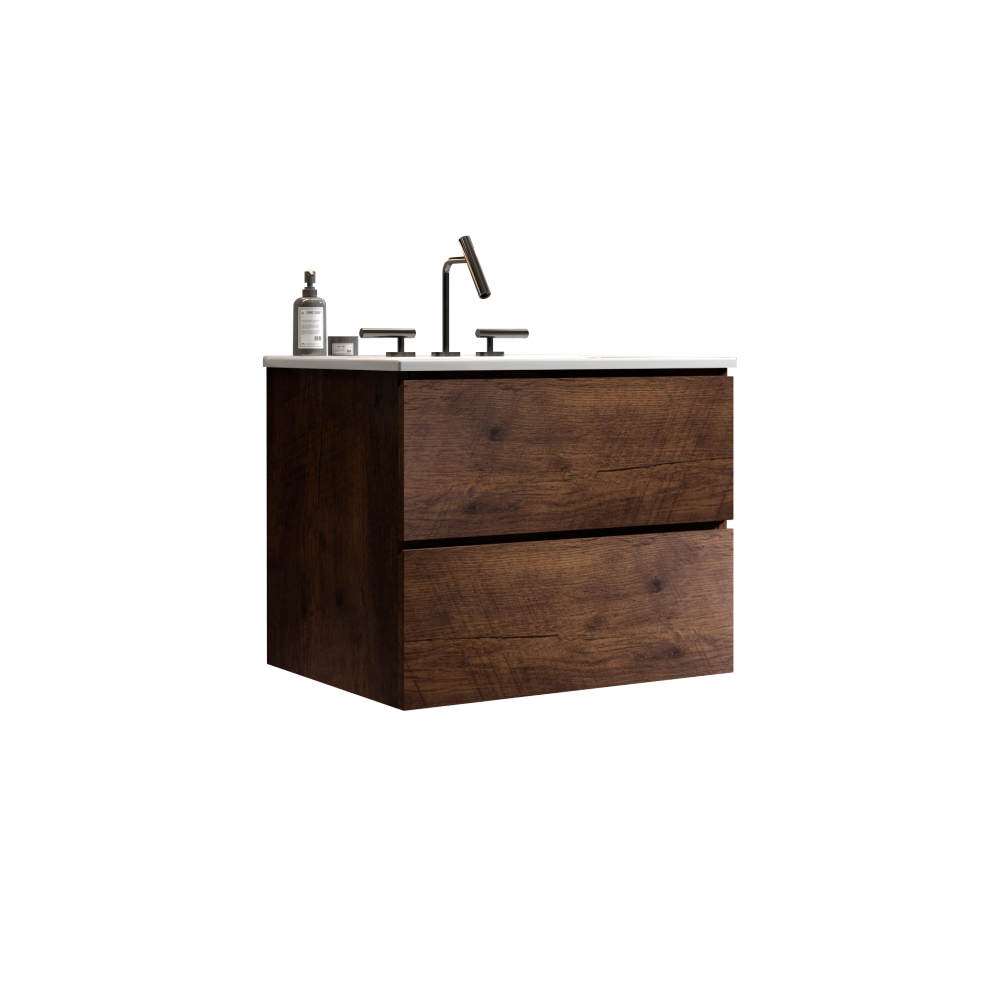 Wall Mount 24" Walnut Bathroom Vanity with Ceramic Sink with three faucet holes, Large Storage Floating Bathroom Vanity for Modern Bathroom, One-Piece Sink Basin without Drain, Pre-assembled