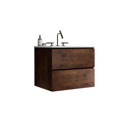 Wall Mount 24" Walnut Bathroom Vanity with Ceramic Sink with three faucet holes, Large Storage Floating Bathroom Vanity for Modern Bathroom, One-Piece Sink Basin without Drain, Pre-assembled