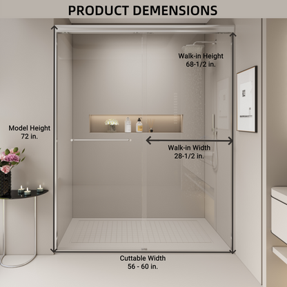 56-60 in. W x 72 in. H Double Sliding Shower Door, Semi-frameless Bypass Bathroom Sliding Door with 1/4" (6mm) Tempered Glass for Walk-in Shower, Chrome 24D03-60CX