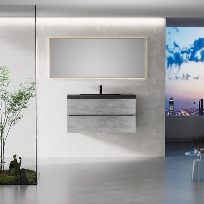 42" Floating Bathroom Vanity with Sink, Modern Wall-Mounted Bathroom Storage Vanity Cabinet with Black Quartz Sand Top Basin and Soft Close Drawers, EDI-Series Cement Grey 24V12-42GR