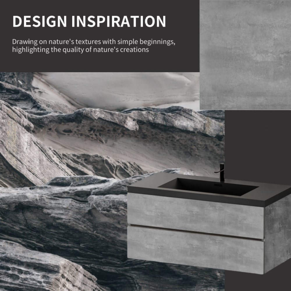 48" Floating Bathroom Vanity with Sink, Modern Wall-Mounted Bathroom Storage Vanity Cabinet with Black Quartz Sand Top Basin and Soft Close Drawers, EDI-Series Cement Grey 24V12-48GR