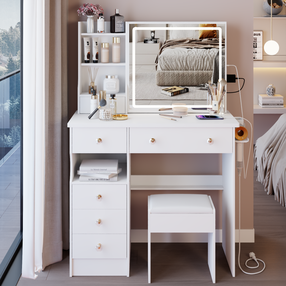 37" Middle Size Left Drawer Desktop Vanity Table + Cushioned Stool Dresser Set, 2 AC+2 USB Socket, Hair Dryer Stand, Large Touch Control LED Sliding Mirror, 3-color sSwitch, EPA, GCC, UL Certificate