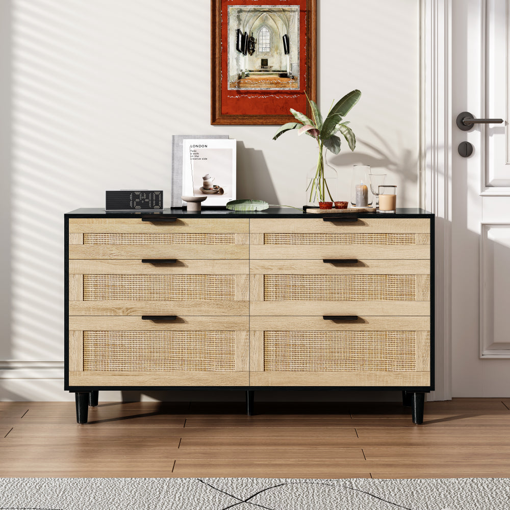 51" Rattan Dresser with Drawers, 6 Drawer Dresser for Bedroom, Clothes Storage Cabinet for Bedroom, Metal Handle&Wood Legs for Hallway, Living Room, Bedroom,Natural