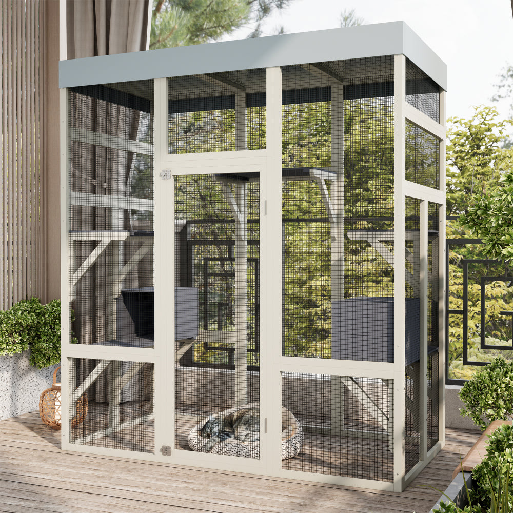 62.6" Gray Wooden Catio Outdoor Pet Enclosure with Waterproof Top, Spacious and Secure Cat House & Small Animal Cage, Black Rust-proof Metal Wire