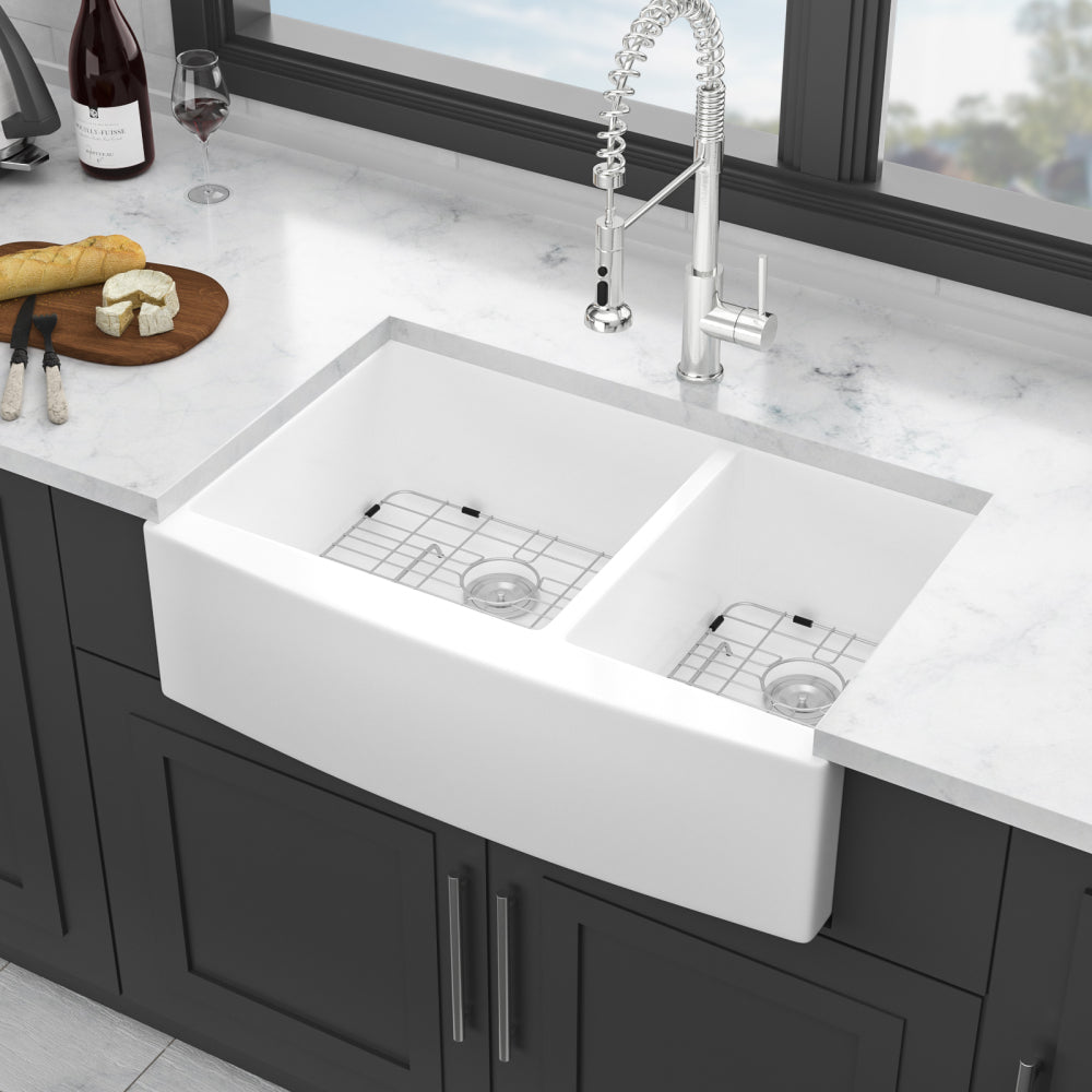 32" Undermount Double Bowl Ceramic Kitchen Sink - Dual Mount White Ceramic Rectangular Deep Double Bowl Sink Basin