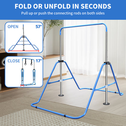 Expandable Gymnastics Bar for Kids - Height Adjustable Junior Training Bar for Home, Folding Gymnastic Horizontal Bars Equipment Blue