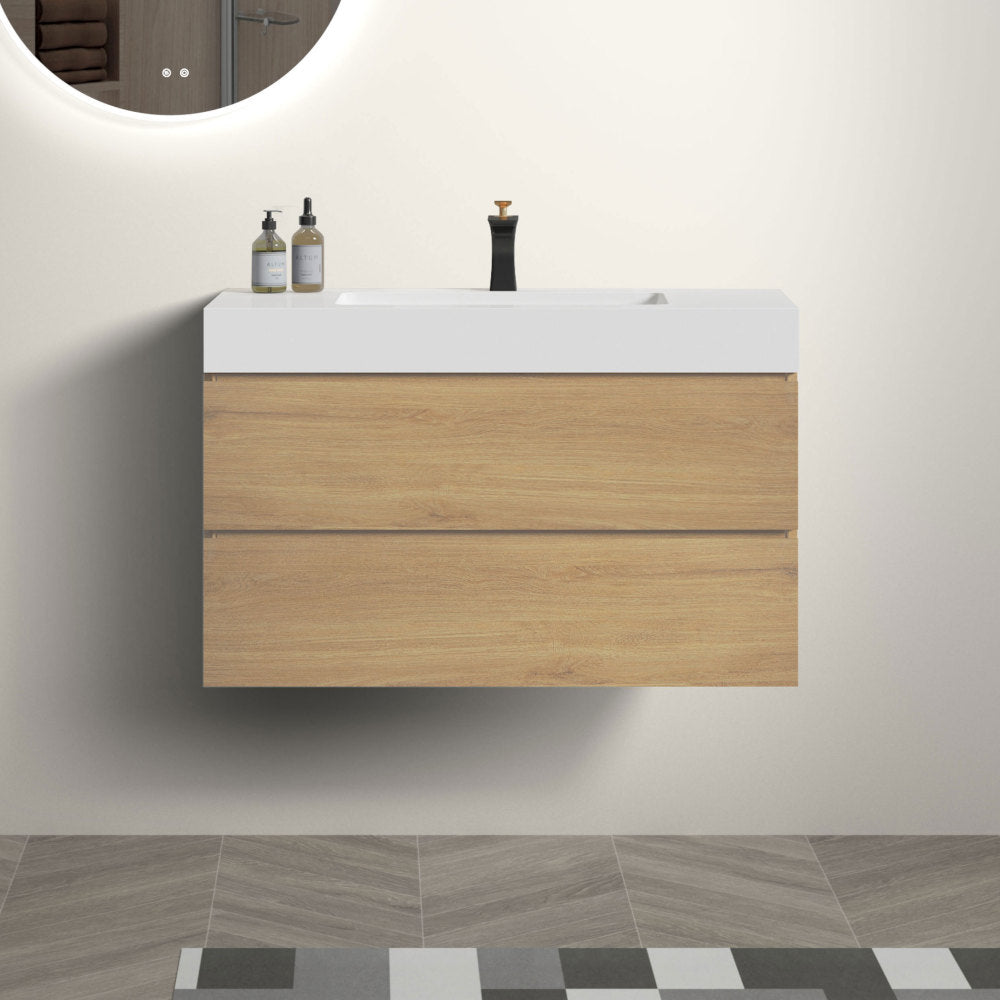 Alice 36" Walnut Bathroom Vanity with Sink, Large Storage Wall Mounted Floating Bathroom Vanity for Modern Bathroom, One-Piece White Sink Basin without Drain and Faucet, Pre-assembled