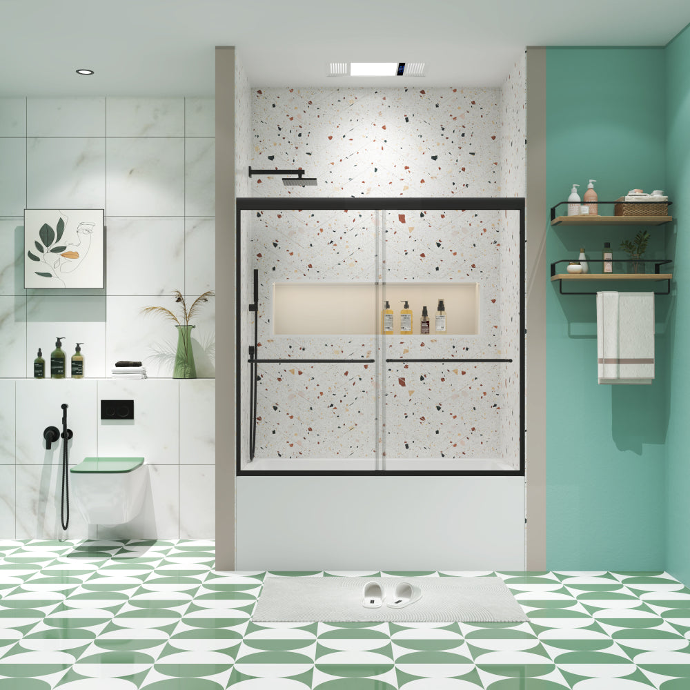 Bathtub Bypass shower door, sliding door, with 1/4" tempered glass and Matted  black finish  56"-60"x58"