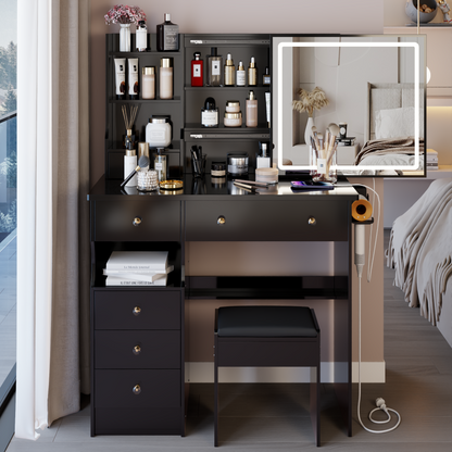 37" Middle Size Left Drawer Desktop Vanity Table + Cushioned Stool Dresser Set, 2 AC+2 USB Socket, Hair Dryer Stand, Large Touch Control LED Sliding Mirror, 3-color Switch, EPA, GCC, UL Certificate