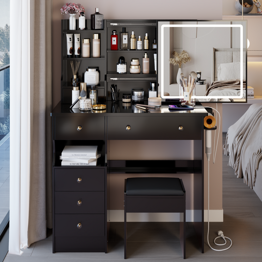 37" Middle Size Left Drawer Desktop Vanity Table + Cushioned Stool Dresser Set, 2 AC+2 USB Socket, Hair Dryer Stand, Large Touch Control LED Sliding Mirror, 3-color Switch, EPA, GCC, UL Certificate