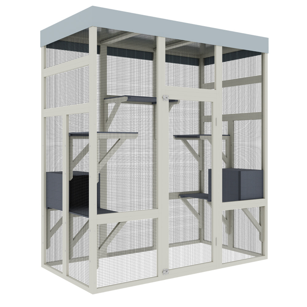62.6" Gray Wooden Catio Outdoor Pet Enclosure with Waterproof Top, Spacious and Secure Cat House & Small Animal Cage, Black Rust-proof Metal Wire