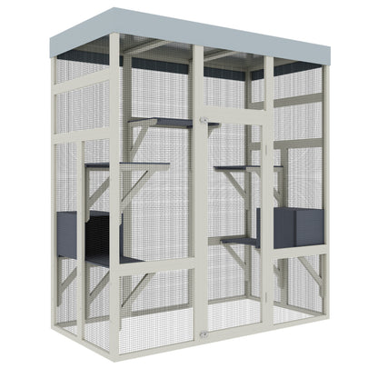 62.6" Gray Wooden Catio Outdoor Pet Enclosure with Waterproof Top, Spacious and Secure Cat House & Small Animal Cage, Black Rust-proof Metal Wire