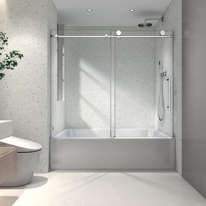 6063 Chrome frameless one fixed and one shifted Shower Door, 70MM 304 stainless steel large pulleys with adjustable soft closing function,with nano easy cleaning and stick explosion-proof menbrance