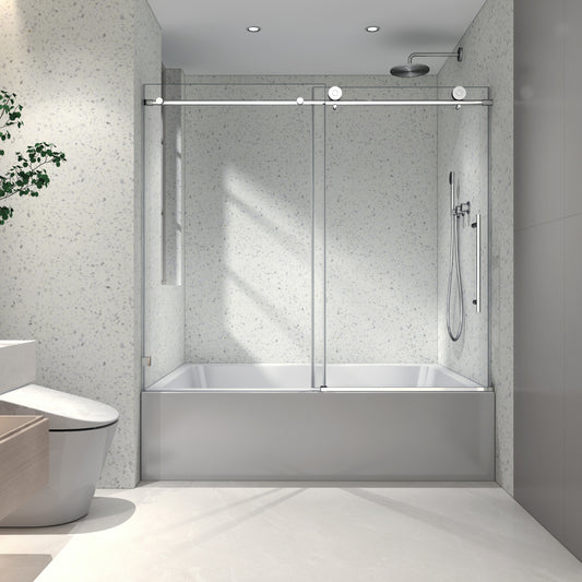 6063 Chrome frameless one fixed and one shifted Shower Door, 70MM 304 stainless steel large pulleys with adjustable soft closing function,with nano easy cleaning and stick explosion-proof menbrance