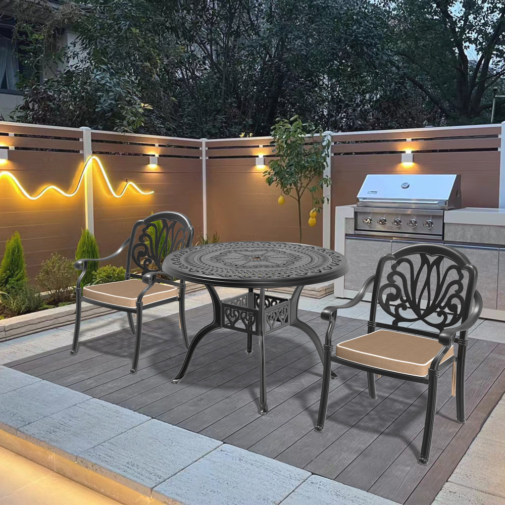 Ø39.37-inch Cast Aluminum Patio Dining Table With Black Frame and Umbrella Hole