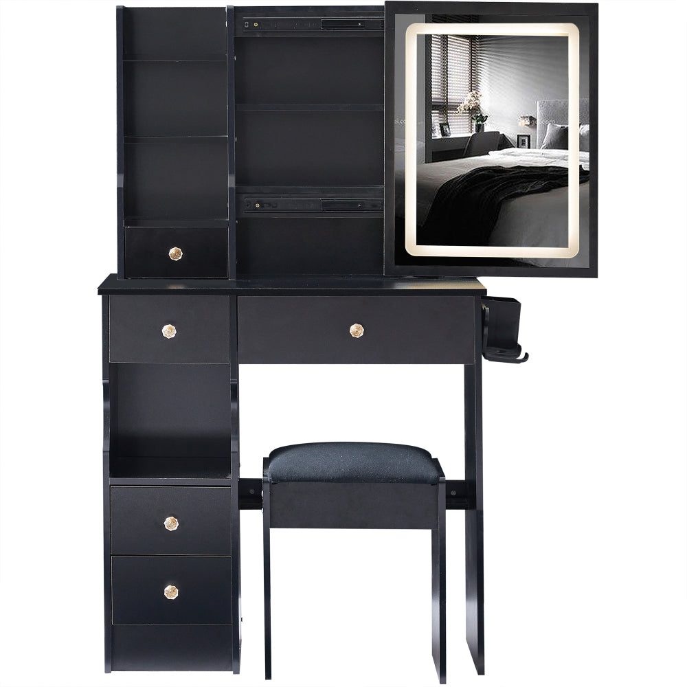 Small Size Left Drawer Desktop Vanity Table + Cushioned Stool, Extra Large Sliding Mirror, Multi Layer, High Capacity Storage Fashionable Dresser, Suitable for Small Space, EPA,GCC,UL Certificate