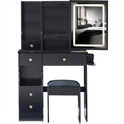 Small Size Left Drawer Desktop Vanity Table + Cushioned Stool, Extra Large Sliding Mirror, Multi Layer, High Capacity Storage Fashionable Dresser, Suitable for Small Space, EPA,GCC,UL Certificate