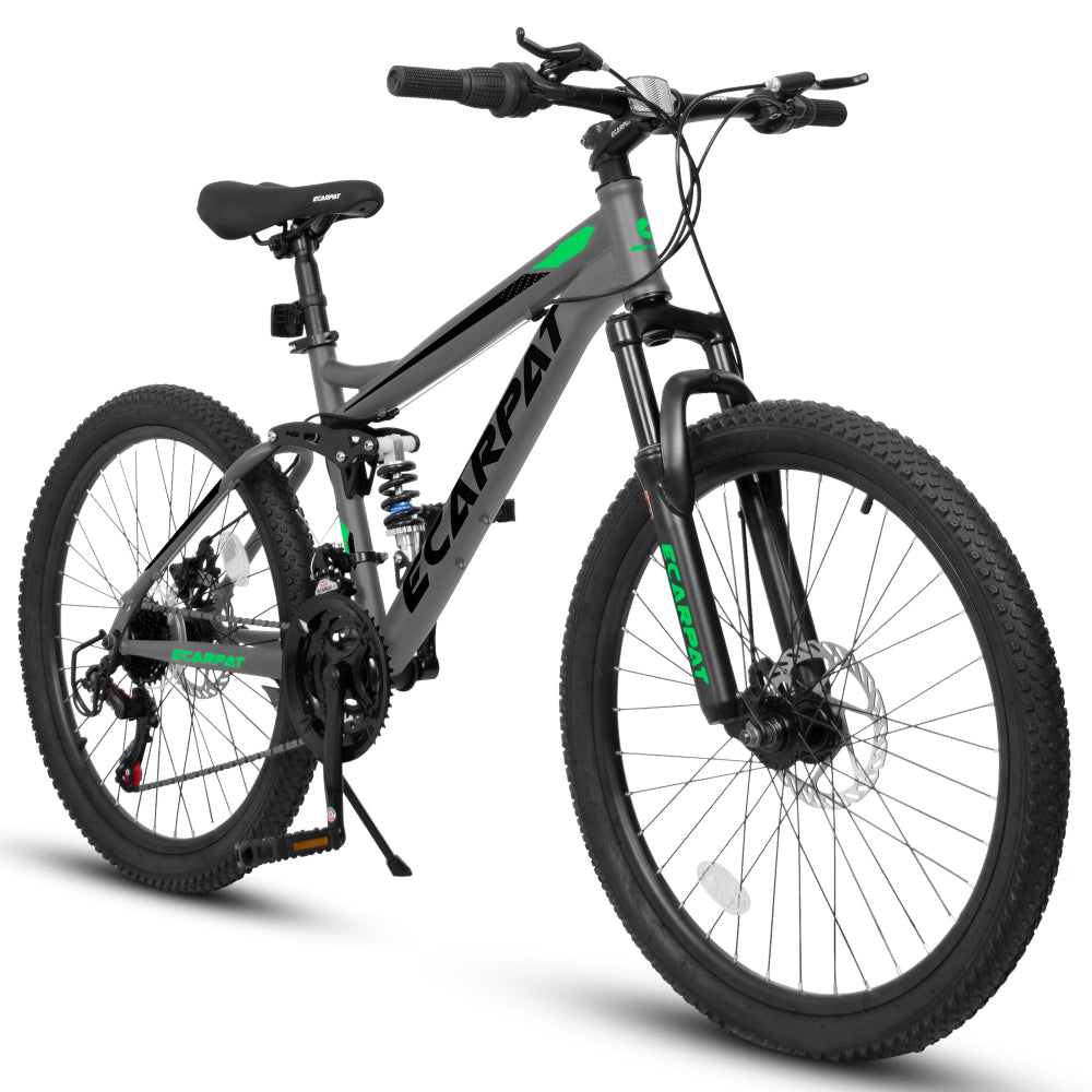 A2460 Mountain Bike 24 Inch Wheels, 21-Speed Full Suspension Mens Womens Trail Commuter City Mountain Bike, High Carbon Steel Frame Disc Brakes Grip Shifter Front Fork Rear Shock Absorber Bicycles