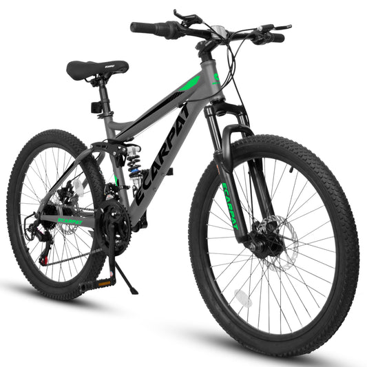 A2460 Mountain Bike 24 Inch Wheels, 21-Speed Full Suspension Mens Womens Trail Commuter City Mountain Bike, High Carbon Steel Frame Disc Brakes Grip Shifter Front Fork Rear Shock Absorber Bicycles