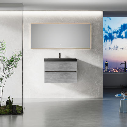 30" Floating Bathroom Vanity with Sink, Modern Wall-Mounted Bathroom Storage Vanity Cabinet with Black Quartz Sand Top Basin and Soft Close Drawers, EDI-Series Cement Grey 24V12-30GR