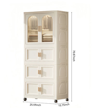 25.59" Side Wide Folding Wardrobe , 25.59"×15.75"×70.87 ", with Magnetic Door, Plastic Storage Cabinet with Wheels(One layer of wardrobe + Three  layers of folding boxes+10 hangers )