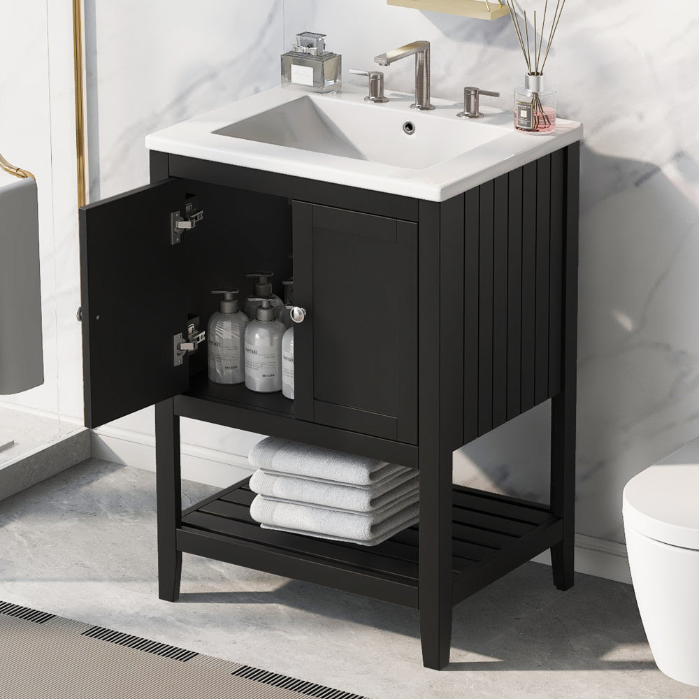 24" Bathroom Vanity Base Only, Soild Wood Frame, Bathroom Storage Cabinet with Doors and Open Shelf, Grey