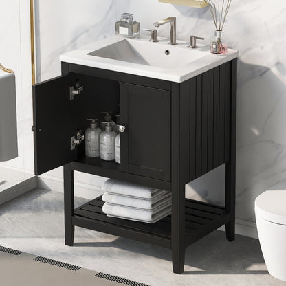 24" Bathroom Vanity Base Only, Soild Wood Frame, Bathroom Storage Cabinet with Doors and Open Shelf, Grey
