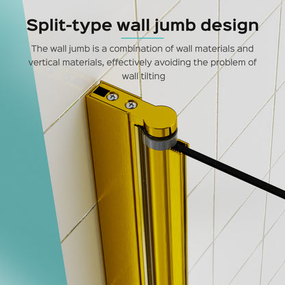 34" W x 58" H Frameless Folding Pivot Bathtub Door, 1/4" (6mm) Thick SGCC Clear Tempered Glass Door, Bathroom Pivot Bifold Shower Tub Door Panel, Reversible Installation, Brushed Gold Finish