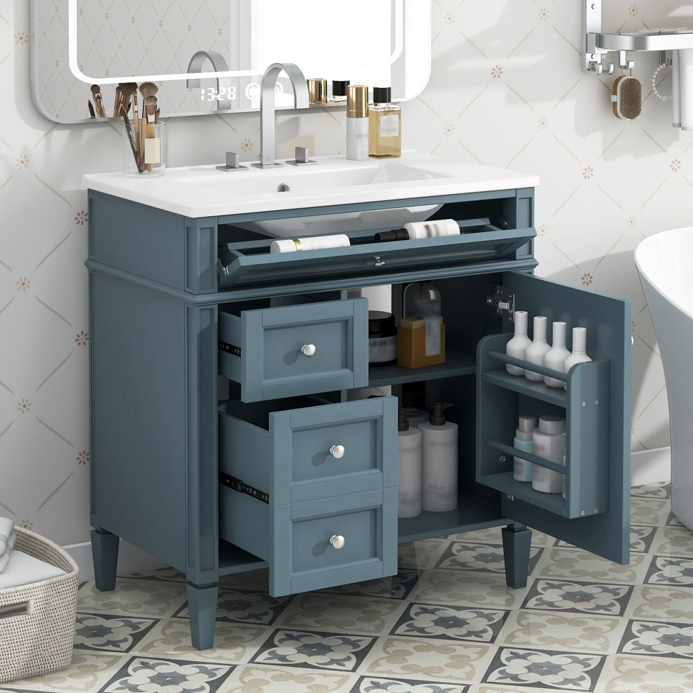 30'' Bathroom Vanity with Top Sink, Modern Bathroom Storage Cabinet with 2 Drawers and a Tip-out Drawer,  Freestanding Vanity Set with Mirror Cabinet, Single Sink Bathroom Vanity
