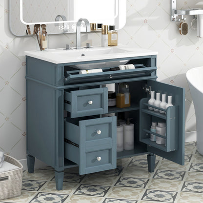 30'' Bathroom Vanity with Top Sink, Modern Bathroom Storage Cabinet with 2 Drawers and a Tip-out Drawer,  Freestanding Vanity Set with Mirror Cabinet, Single Sink Bathroom Vanity