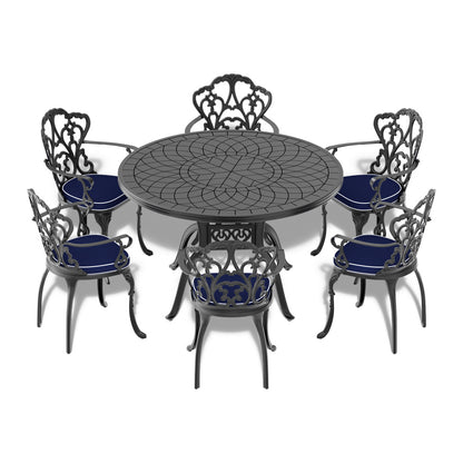 Ø47.24-inch Cast Aluminum Patio Dining Table With Black Frame and Carved Texture on the Tabletop