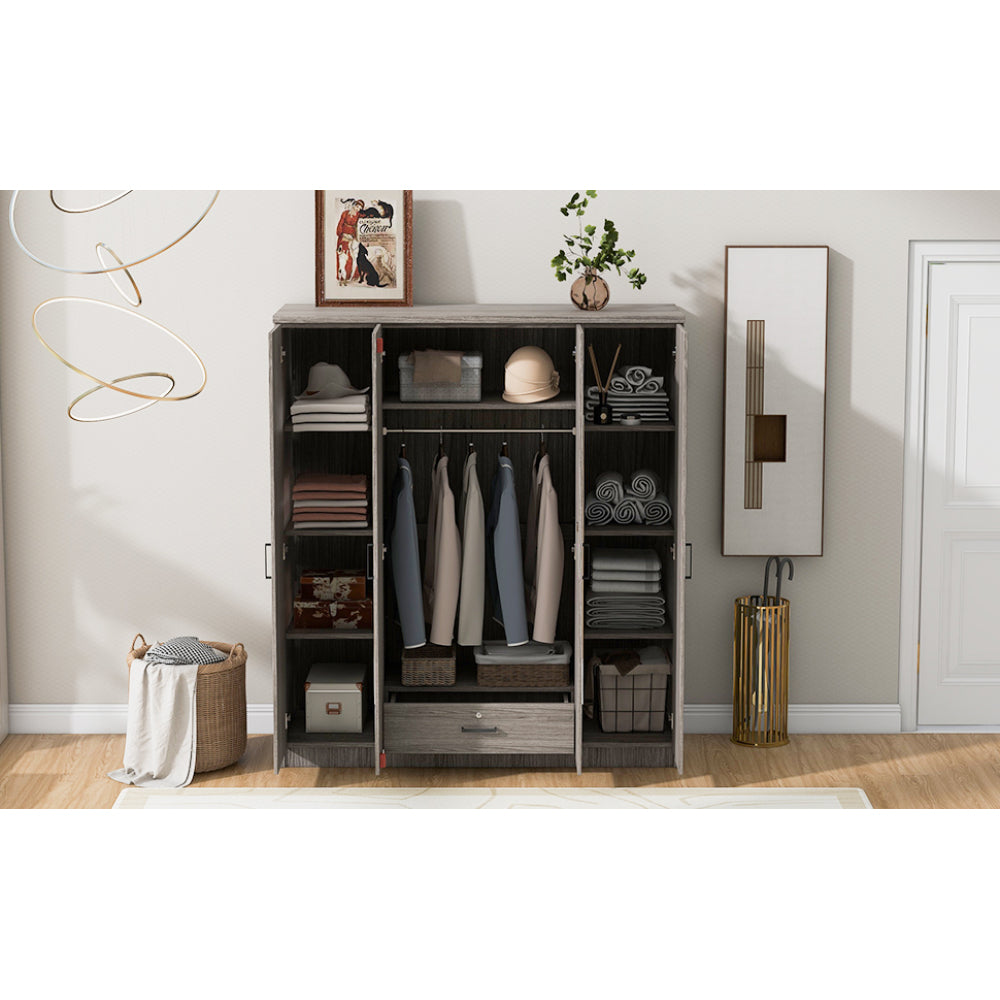 4-Door Mirror Wardrobe with shelves, Gray