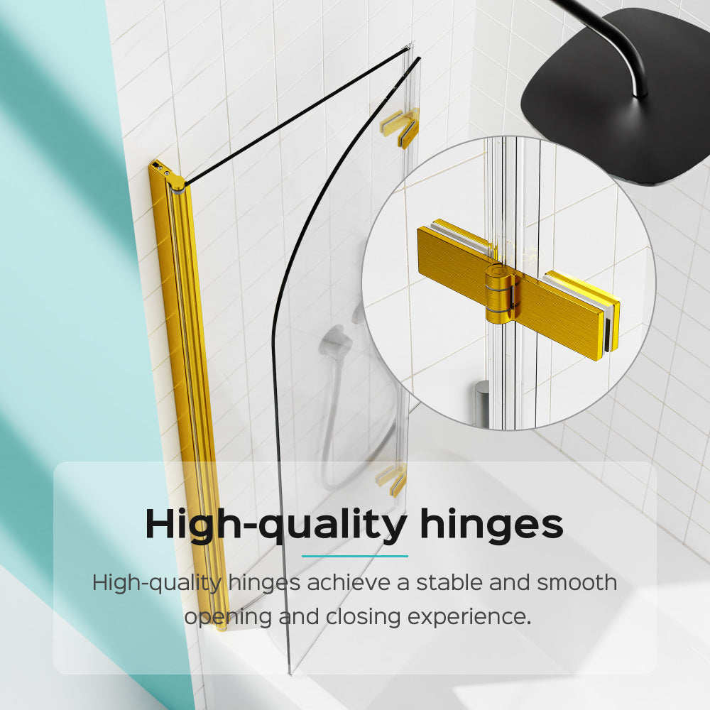 34" W x 58" H Frameless Folding Pivot Bathtub Door, 1/4" (6mm) Thick SGCC Clear Tempered Glass Door, Bathroom Pivot Bifold Shower Tub Door Panel, Reversible Installation, Brushed Gold Finish