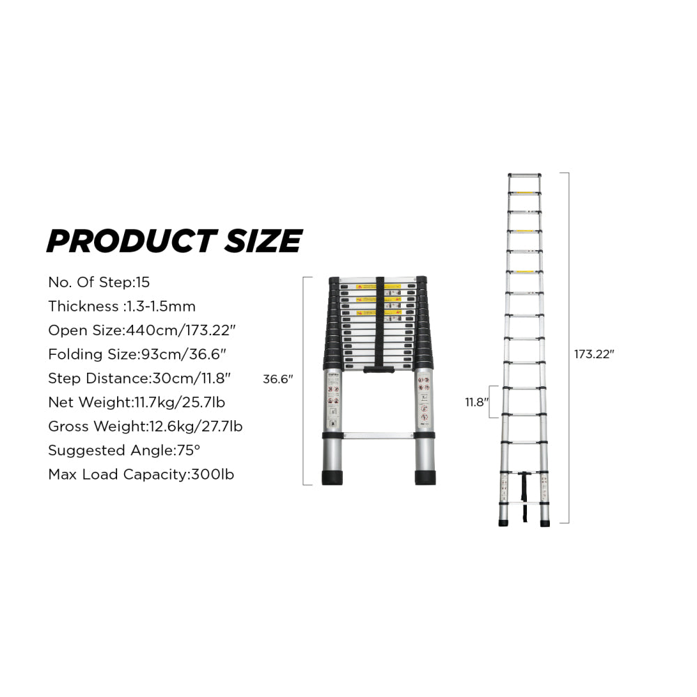 Telescoping Ladder 14.5FT, Telescopic Extension Ladder, Aluminum Alloy Folding Ladder Portable Multi-Purpose for Indoor Outdoor Work, Heavy Duty 300 lbs Load