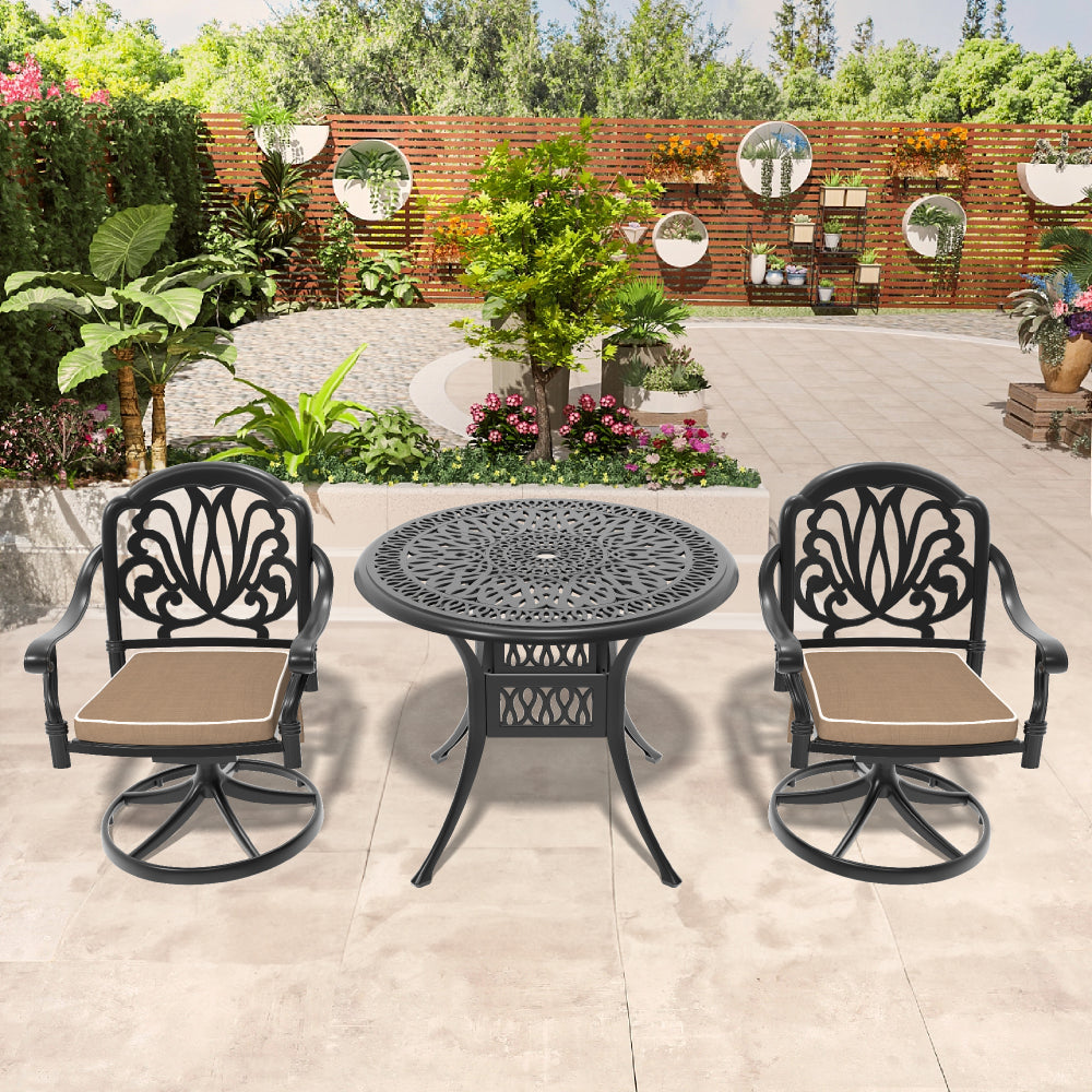 Ø35.43-inch Cast Aluminum Patio Dining Table With Black Frame and Umbrella Hole