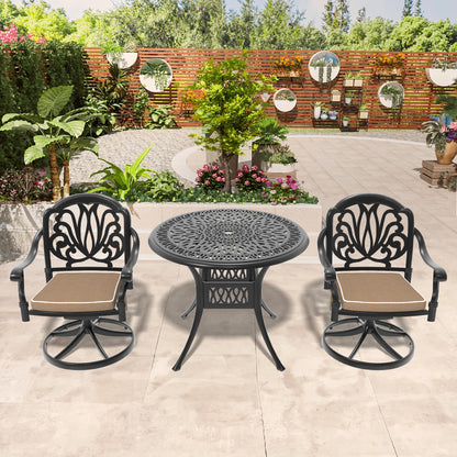 Ø35.43-inch Cast Aluminum Patio Dining Table With Black Frame and Umbrella Hole