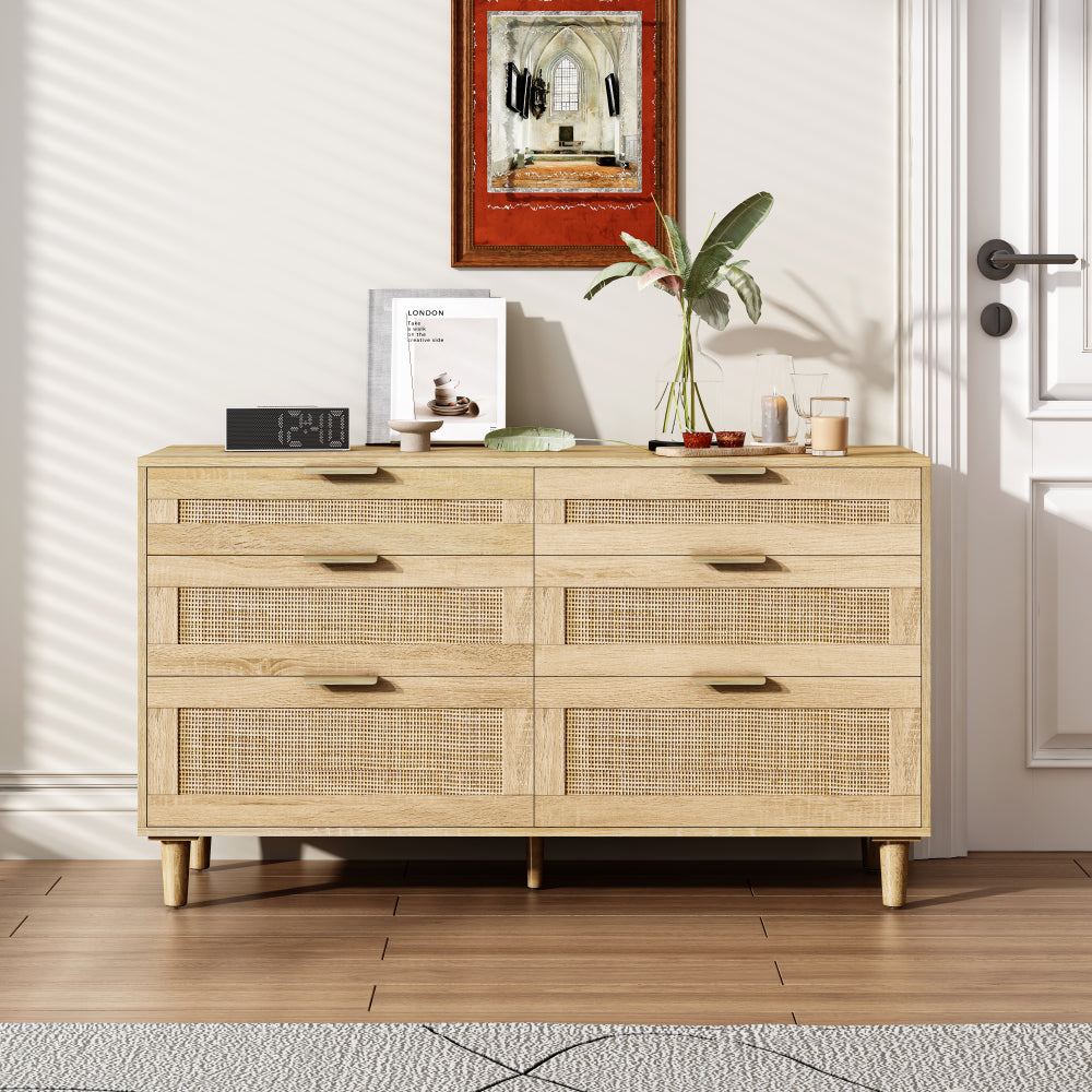 51" Rattan Dresser with Drawers, 6 Drawer Dresser for Bedroom, Clothes Storage Cabinet for Bedroom, Metal Handle&Wood Legs for Hallway, Living Room, Bedroom,Natural
