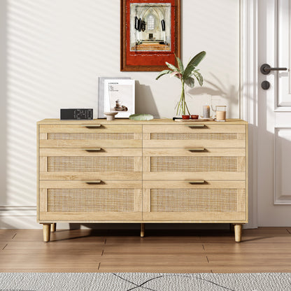 51" Rattan Dresser with Drawers, 6 Drawer Dresser for Bedroom, Clothes Storage Cabinet for Bedroom, Metal Handle&Wood Legs for Hallway, Living Room, Bedroom,Natural