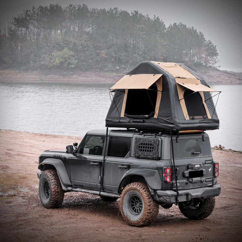 Foldable 2-3 People Amphibious Inflatable Car Roof Top Tent for camping Outdoor Glamping Camping Tent for SUV,Truck( Without Ladder, Two-tone Style, Khaki & Black)