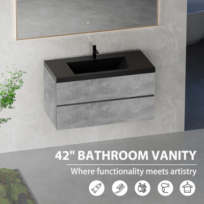 42" Floating Bathroom Vanity with Sink, Modern Wall-Mounted Bathroom Storage Vanity Cabinet with Black Quartz Sand Top Basin and Soft Close Drawers, EDI-Series Cement Grey 24V12-42GR